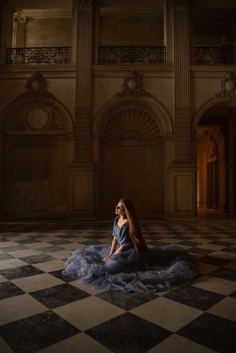 A woman in a periwinkle ball gown walks through the halls of an old gilded age mansion exploring different rooms Mansion Photoshoot, Lynnewood Hall, Gilded Age Mansions, Tall Doors, Bedroom Closets, 32nd Birthday, 32 Birthday, Abandoned Mansion, Pile Of Books