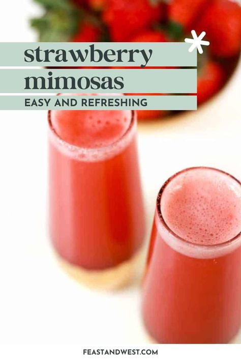 Strawberry Mimosas just make brunch rosy! Whether you make them for a weekend with gal pals, a wedding shower or a celebration like Easter, Mother's Day or Valentine's Day, these sparkling pink mimosas are the perfect way to toast the day ahead. Strawberry Mimosa Recipe Champagne, Mimosa Garnish Ideas, Tiffany Mimosa, Pink Mimosas, Frozen Mimosa, Strawberry Mimosa Recipe, Mimosa Recipe Champagne, Strawberry Mimosas, How To Make Mimosas