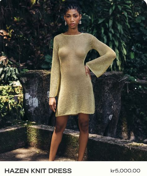 Cult Gaia Beach Cover Up Dress, Coverup Dress, Gold Beach, Beach Coverup Dress, Metallic Yarn, Long Bell Sleeves, Cult Gaia, Color Photo, Bateau Neckline