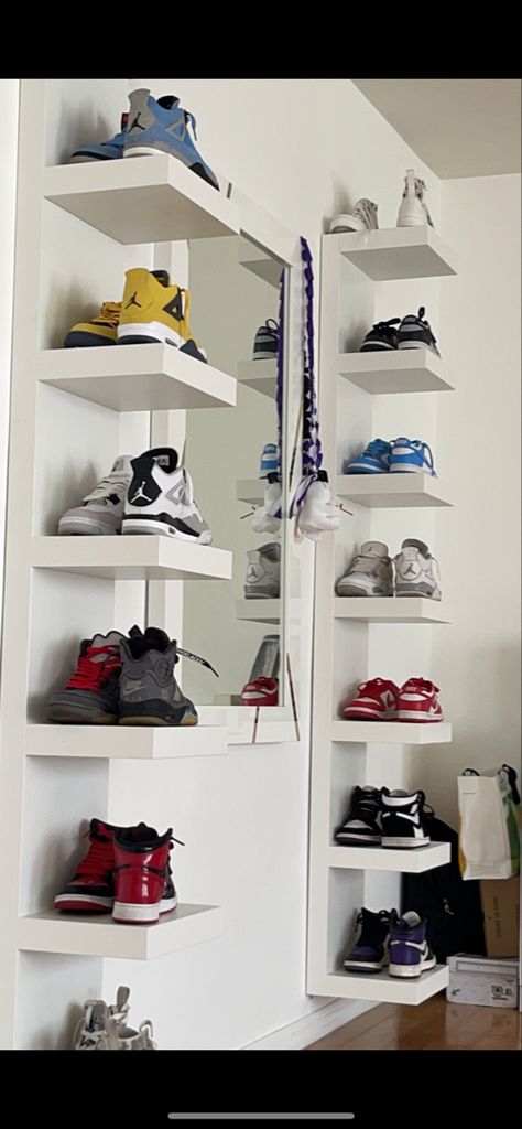 Sneaker Shelves On Wall, Sneaker Wall Shelf, Shoe Shelfs Jordans, Shoe Wall Mount, Sneaker Wall With Boxes, Tennis Shoe Display Ideas, Display Shoes On Wall, White Shoe Shelf, Ikea Shoe Shelf Ideas