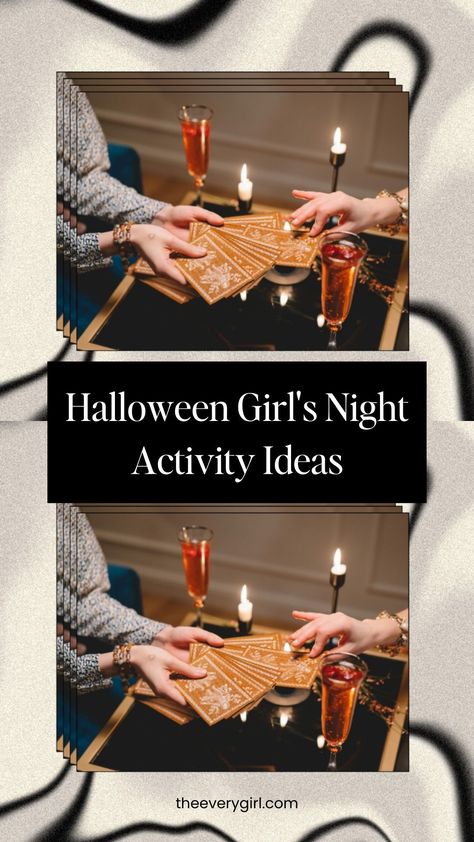 Grab your girls and celebrate Halloween with these night-in activities. Tap for the details. October Girls Night Craft, Spooky Night Ideas With Friends, Witches Night In Party Ideas, Girls Halloween Craft Night, Spooky Ladies Night, Autumn Girls Night In, Ghouls Night In Ideas, Spooky Night Activities, Halloween Crafts For Adults Girls Night