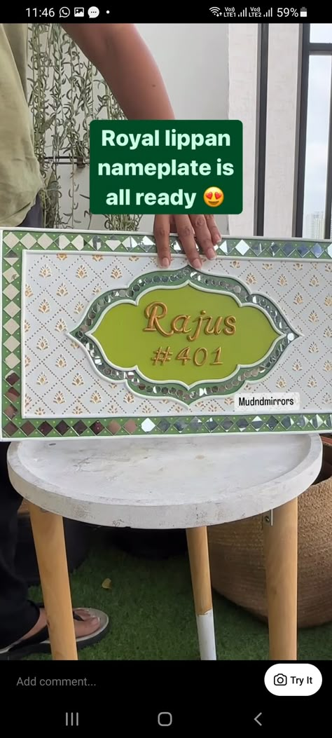 Name Plate Ideas For Home Diy, Lipan Art Name Plates For Home, Lippan Name Plate Design, Mandala Art Name Plate, Name Plates For Home Lippan Art, Lippan Art Nameplate, Diy Nameplate Ideas, Lipan Art Nameplate, Lippan Art Name Plates For Home