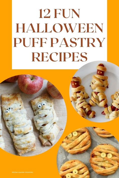 Phyllo Dough Halloween, Halloween Food Puff Pastry, Halloween Pastries Ideas, Puff Pastry Halloween Treats, Puff Pastry Recipes Halloween, Halloween Savoury Party Food, Puff Pastry Halloween Recipes, Halloween Pastry Ideas, Halloween Puff Pastry Ideas