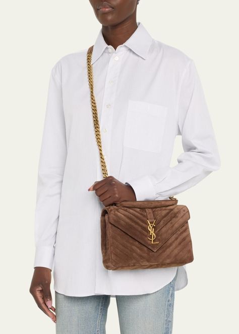 Saint Laurent College Medium YSL Suede Top Handle Bag - Bergdorf Goodman Ysl College Bag, Ysl Suede, Ysl College, Ysl Shoulder Bag, Ysl Purse, Suede Top, Suede Tops, Ysl Logo, Padded Top