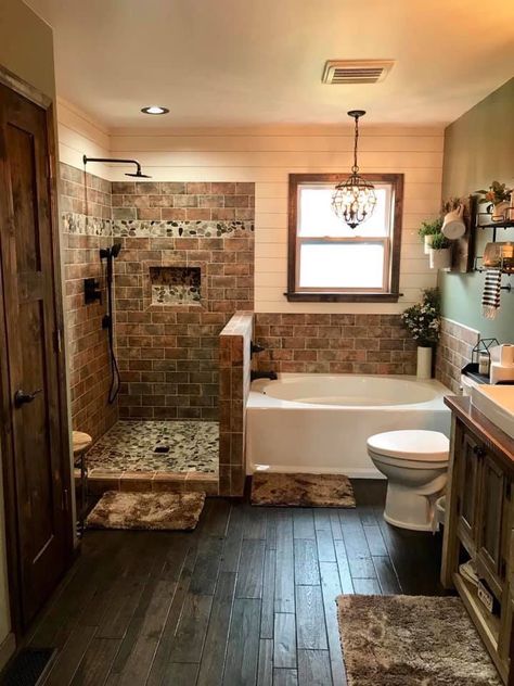 Makeover Kamar Mandi, Cabin Bathrooms, Rustic Bathroom Designs, Bathroom Farmhouse Style, Rustic Bathrooms, Bathroom Remodel Designs, Bathroom Remodel Shower, Dream Bathrooms, Bathroom Renos