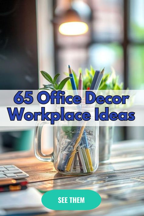 DIY Upcycled Mason Jar Desk Organizers in a Home Office Diy Office Decorations, Office Decor Workplace Professional, Decorating Office At Work, Repurposed Jars, Office Decor Workplace, Organizers Diy, Creative Office Decor, Cool Office Supplies, Feminine Office