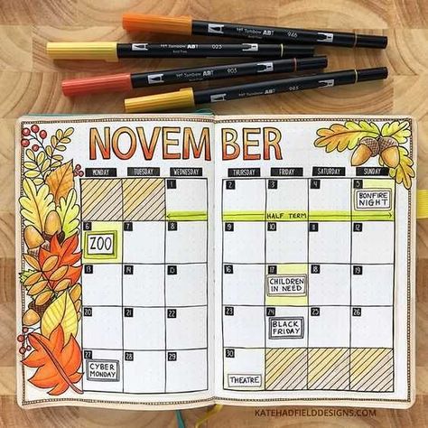 35 Beautiful And Enchanting November Bujo Ideas For Your Bullet Journal Bullet Journal Calendrier, November Bullet Journal, Bullet Journal Month, Bullet Journal Monthly Spread, Bujo Layout, Journal Organization, Bullet Planner, Bullet Journal Mood, Bullet Journal Notebook