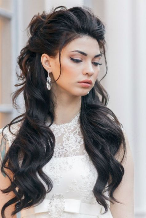 Wedding Half Updo, Half Updo Hairstyles, Best Wedding Hairstyles, Long Hair Wedding Styles, Prom Hairstyles For Long Hair, Long Dark Hair, Wedding Hairstyles Half Up Half Down, Trendy Wedding Hairstyles, Wedding Hair Inspiration