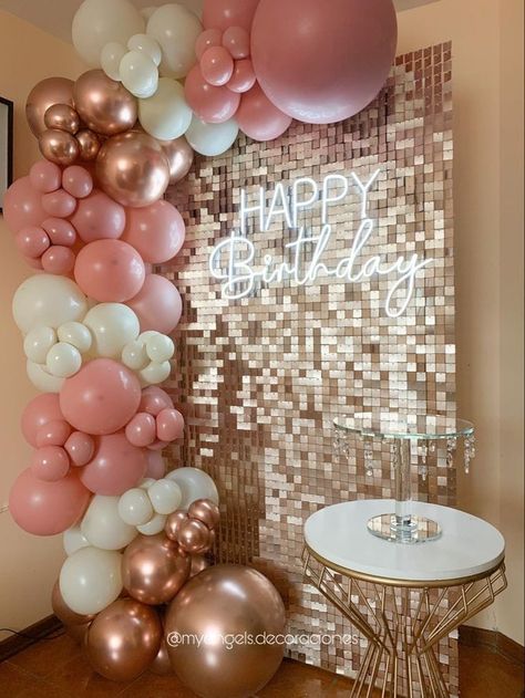 Pink Back Drop Photoshoot Ideas, 21 Bday Backdrop, 21st Bday Backdrop Ideas, 20th Birthday Backdrop Ideas, 18th Birthday Party Ideas Decoration Pink, Rectangle Balloon Arch, Ideas Cumpleaños Mujer, Ideas Para Cumpleaños Mujer, Rose Gold Birthday Theme