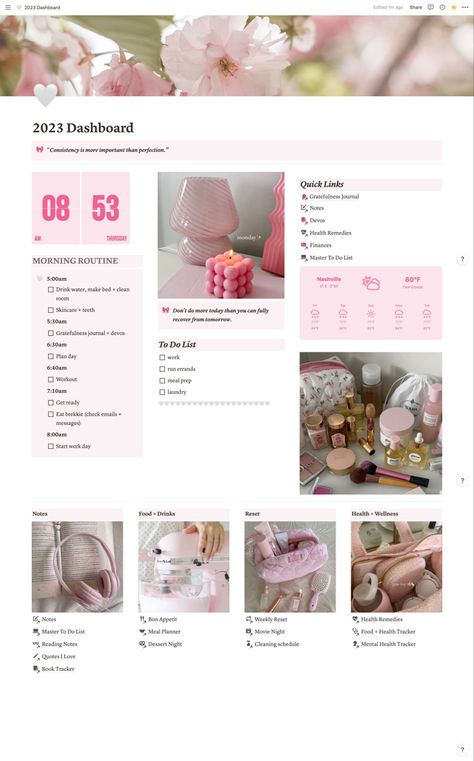 Pink Notion, Studie Hacks, Aesthetic Notion, Notion Dashboard, Small Business Planner, Dashboard Template, Notes Inspiration, Notion Template, Aesthetic Template