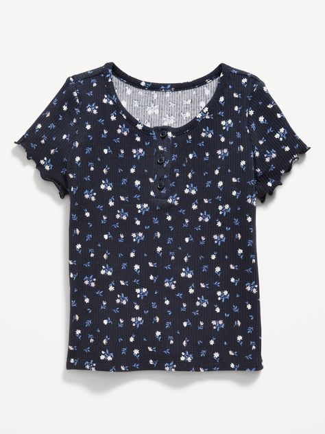 crew neck short sleeves lettuce edge cuffs three-button henley placket all-over print semi fitted hits at waist Kids Clothes Girls, Old Navy Kids, Henley T Shirt, Old Navy Shorts, Grad Party, Kids Outfits Girls, Navy Floral, Print Pattern, Costume Design