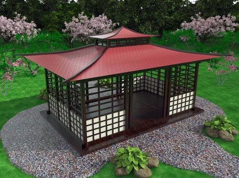 Gazebo in the Japanese style. Photos | Photo arbors Tea House Design, Japanese Tea House, Japanese Pagoda, Zen Garden Design, Japanese Style House, Japan Garden, Japanese Garden Design, Asian Garden, Gazebo Pergola