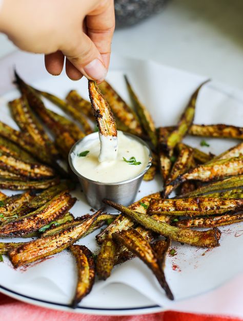 Cajun Oven-Roasted Okra Fries with Lemon-Garlic Aioli - The Defined Dish Crispy Baked Okra, Best Okra Recipes, Okra Appetizers, Whole Okra Recipes, Roasted Okra Recipes Ovens, Roasted Okra Recipes, Baked Okra Recipes, Cajun Okra, Keto Okra