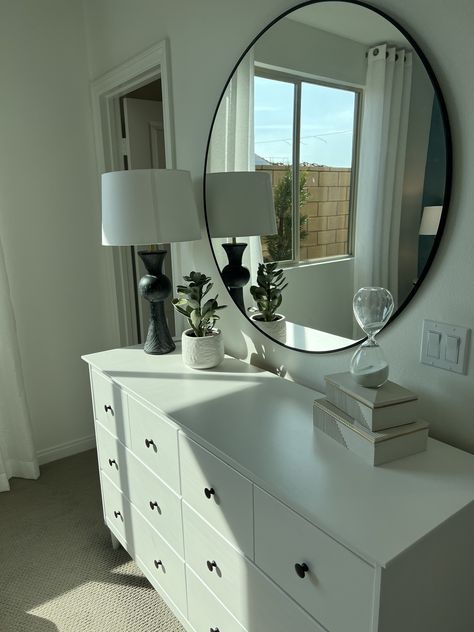 Vanity Ideas Bedroom Black And White, Dresser Circle Mirror, Circle Mirror In Bedroom, Dresser With Circle Mirror Above, Wall Mirror Above Dresser, Dresser With Vanity Mirror, Circle Mirror Dresser, Mirrors For Dressers, Circle Mirror Over Dresser