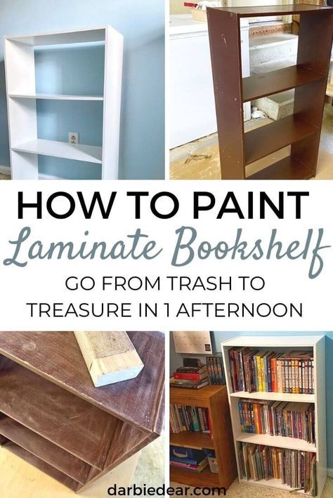 Have an old trashy looking, laminate bookshelf laying around and you aren't sure what to do with it? A little elbow grease, a little time, and the right painting supplies; you can give that bookshelf another chance to shine. #bookshelves #bookshelves_diy #home_diy How To Paint Bookshelves, Bookshelf Makeover Diy, Painting Bookshelf, Painting Pressed Wood, Cheap Bookcase, Cheap Bookshelves, How To Paint Laminate, Cheap Shelves, Shelf Makeover