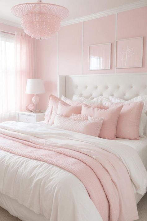 Classy Bedroom Pink, Light Pink Modern Bedroom, White Bedding With Pink Accents, Girly Bedroom Furniture, White And Pink Bedroom Aesthetic, Light Pink Girls Room, Light Pink Room Ideas, Bedroom Inspo Teen, Chic Pink Bedroom