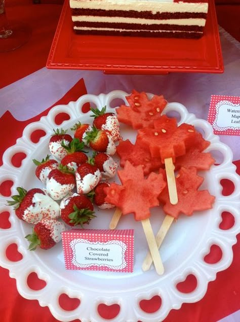 Cool watermelon and strawberry treats at a Canada Day party!  See more party ideas at CatchMyParty.com! Canada Day Food, Citizenship Party, Bachelorette Party Food, Watermelon And Strawberry, Canada Party, Canadian Party, Canada Day Crafts, Canada Day Party, Strawberry Treats