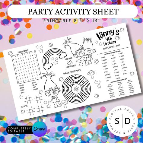 Brighten up your kid's party table with this Trolls Party Activity Sheet. Customizable in Canva, this fun and interactive placemat-sized activity sheet encourages creative expression and provides hours of Trolls-themed entertainment. Perfect for any Trolls fan! This design template can be easily edited for print with Canva! Upon purchase, you will immediately receive an email from Etsy with a downloadable PDF file that includes a link to edit your template using Canva. ----------------------------------------------------- TERMS OF USE - Personal Use. You may print the files as many times as you like for your own personal use. - Buyer may not resell, share, trade, give away, or redistribute files in any way (whole or in part) without expressed written permission from Stockpile Digital. - Th Kids Party Tables, Trolls Party, Trolls Birthday Party, Colorful Birthday Party, Troll Party, Birthday Activities, Activity Mat, Party Packages, Colorful Party