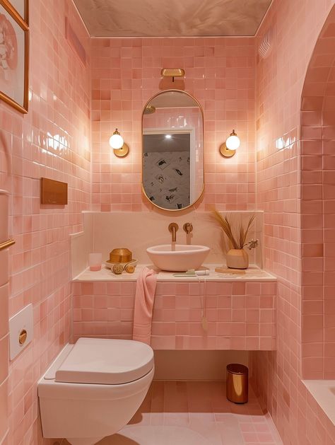 83 Small Bathroom Ideas & How To Make It Look Bigger 1 Pink Shower Room, Pink Tile Shower, Pink Shower Tile, Baie Vintage, Pink Tile Bathroom, Pink Bathroom Tiles, Pink Toilet, Zellige Tiles, Pink Showers