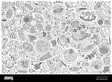 Download this stock vector: Hand drawn Indian food set doodle vector background - 2E3HHTE from Alamy's library of millions of high resolution stock photos, illustrations and vectors. Indian Food Doodle, Indian Doodle, Kerala Snacks, Curry Bread, Food Doodle, Indian Drawing, Hot Winter Drinks, Cooking Herbs, Doodle Vector