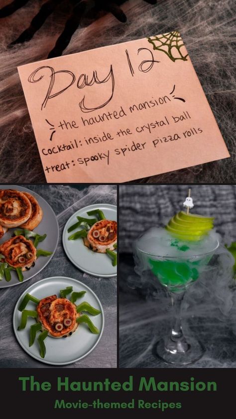 the haunted mansion recipes Haunted Mansion Movie Night, Spider Pizza, Green Apple Martini, Haunted Mansion Movie, Spooky Recipes, Halloween Date, Apple Martini, Movie Night Snacks, Spooky Food