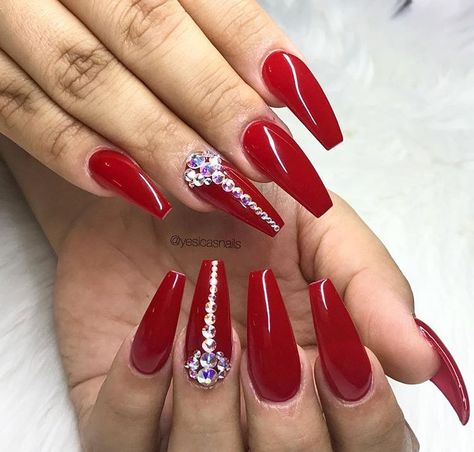 Nails Red Swarovski Nails, Red Nails With Rhinestones, Red And Silver Nails, Prom Nails Red, Red Nail Art, Red Acrylic Nails, Nails Design With Rhinestones, Her Nails, Red Nail Designs