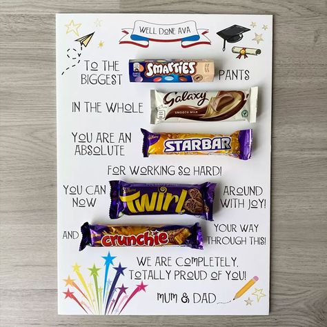 Key Features:Personalise with your chosen name and a special messagePacked full of childhood favouritesA great way to celebrate Features all your favourite choccy bars!The perfect gift to say congratulations! If you're looking for a new way to say congratulations on passing exams, then look no further! With our exclusive chocolate board say a big well done to them whilst rewarding them with their favourite treats. A perfect way to end the stress after a long period of working hard towards their goals! Including Smarties, Galaxy, Starbar, Twirl and crunchie!Personalisation:Personalise their board with a name in up to 12 characters and a message at the bottom in up to 65 charactersThe name can be changed to suit your preference.Personalisation will appear exactly as entered, please double ch Good Luck For Exams Gift Ideas, Exam Congratulations, Chocolate Board, Exams Gift, Ways To Say Congratulations, Graduation Message, How To Pass Exams, Chocolate Card, Say Congratulations