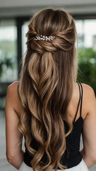 Simple Wedding Hairstyles Blonde, Bridesmaid Hairstyles Half Up Bun, Bridesmaid Hairstyles Half Up Half Down Long Hair, Half Up Half Down Bridesmaid Hair Brunette, Whimsical Bridesmaid Hair, Curly Bridesmaid Hairstyles Down, Bridesmaid Long Hairstyles, Side Part Bridal Hair, Wedding Hairstyles Loose Curls