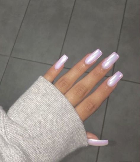 Pink Pearl Nails Square, Long Square Acrylic Nails Chrome, Purple Iridescent Nails Acrylic, Holo Acrylic Nails, Soft Purple Nails Acrylic, Long Pink Chrome Nails, Irredescent Nails Light Pink, Squared Chrome Nails, Square Chrome Acrylic Nails