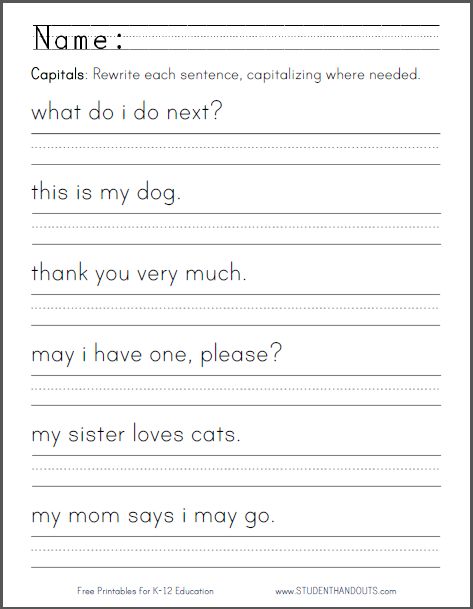 Capitalization Worksheet - Free to print (PDF file) for kindergarten and first grade. Capitalization Worksheets, Capital Letters Worksheet, Writing Sentences Worksheets, Punctuation Worksheets, Sentence Correction, Writing Practice Worksheets, 2nd Grade Writing, 1st Grade Writing, First Grade Writing