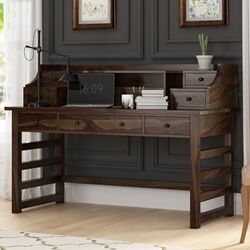 Writing Desk With Hutch, Decorative Trinkets, Art Desks, Dark Wood Desk, Office Things, Apartment Wishlist, Wood Secretary Desk, Desk Idea, Wooden Office Desk