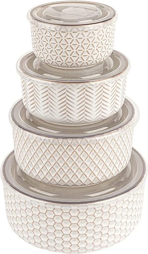 KooK Ceramic Nesting Bowls with Lids, Embossed, Food Storage Containers, Kitchen Bowl Set, For Prep, Mixing and Serving, Microwave and Dishwasher Safe, Set of 4, Narbonne Collection Storage Containers Kitchen, Best Cereal, Kitchen Bowl, Bowls With Lids, Ceramic Mixing Bowls, Glass Storage Containers, Kitchen Bowls, Dirty Dishes, Mixing Bowls Set