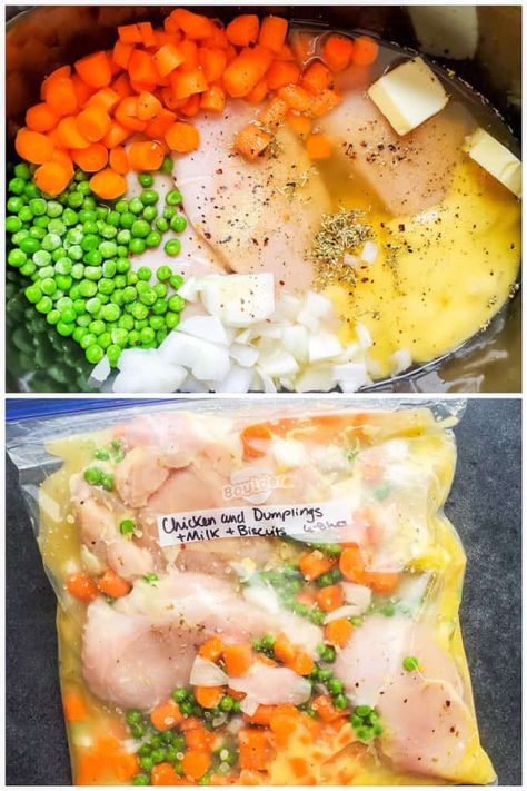 13 Crockpot Freezer Dump Meals For Busy Nights – Slay At Home Mother Chicken And Dumplings Recipe With Biscuits, Dumplings With Biscuits, Chicken And Dumplings With Biscuits, Grands Biscuits, Chicken Freezer Meals, Crockpot Chicken And Dumplings, Crockpot Meal, Freezer Dinners, Slow Cooker Freezer Meals