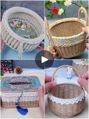 Baskets Diy Ideas Crafts, Jute Baskets Diy, Decorate Baskets Ideas Diy Crafts, Handmade Baskets Diy, Baskets Diy Ideas, How To Make Baskets Diy, Upcycle Plastic Containers, Jute Basket Diy, Diy Woven Basket