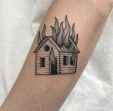 House Burning Tattoo, Burning House Illustration, American Traditional House Tattoo, Traditional Cocktail Tattoo, House Fire Tattoo, Small Tattoos Arm Sleeve, Burning Building Tattoo, Simple House Tattoo, Cross Hatching Tattoo