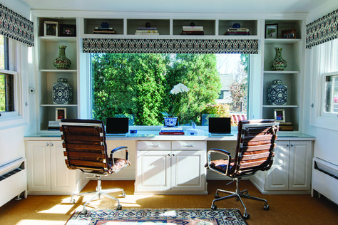 Built in double desk around picture window Double Desk Office Built Ins, Desk In Front Of Large Window, Long Desk In Front Of Window, Office Window Desk, Home Office Two Desks Layout Window, Home Double Office Ideas, Double Desk Home Office Window, Long Desk Under Window, Built In Desk With Window