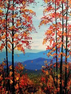 Fall Scenic Acrylic Paintings, Fall Scene Painting Easy, Fall Mountain Painting Acrylic, Autumn Painting Acrylic, Painting Ideas Landscape, Paintings Diy, Acrylic Inspiration, Fall Paintings, Fall Tree Painting