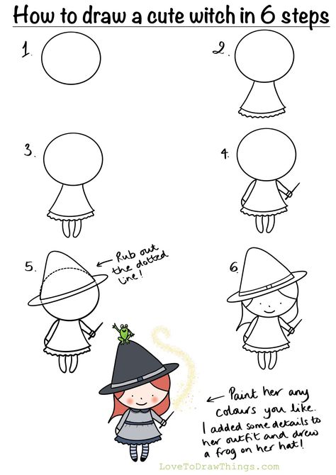 Draw A Witch, Trin For Trin Tegning, Doodle Art For Beginners, Easy Step By Step Drawing, Witch Drawing, Drawing Instructions, Drawing Lessons For Kids, Cute Witch, Easy Drawings For Kids