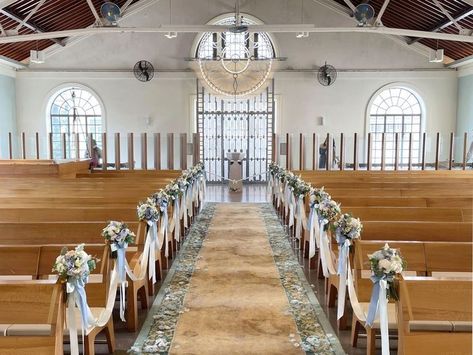 Dusty Blue Wedding Aisle, Dusty Blue Aisle Decor, Church Wedding Decorations Aisle, Church Pew Decorations, Ice Blue Weddings, Church Aisle Decorations, Pastel Blue Wedding, Wedding Church Aisle, Wedding Color Schemes Blue