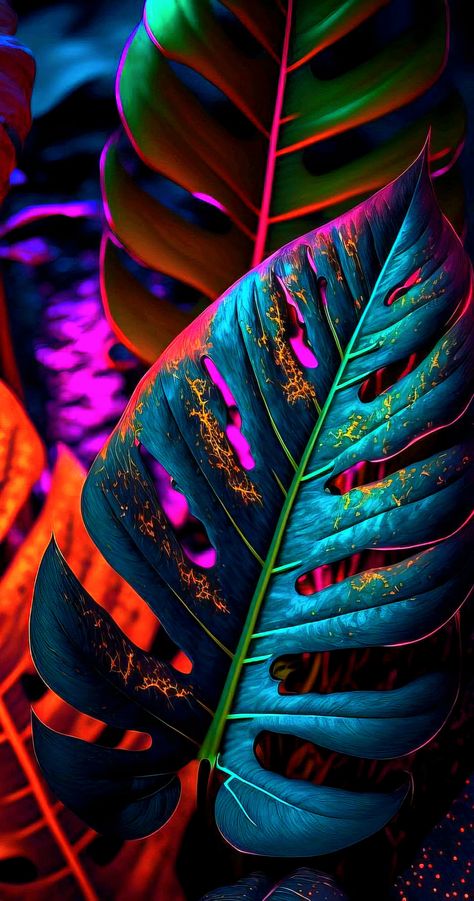 Neon Tropical Wallpaper, Neon Tropical Aesthetic, Neon Plants, Cyberpunk Interior, Neon On Black, Jungle Aesthetic, Jungle Background, Fruit Art Drawings, Neon Jungle