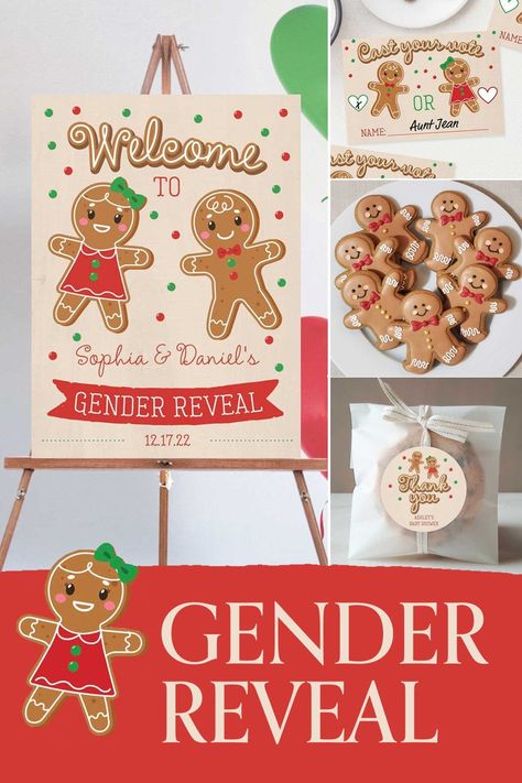 Looking for a gender reveal theme for the Christmas season? Put on your baking apron and start planning your gingerbread gender reveal party! Everyone will be so excited to celebrate your girl or boy reveal! We have festive invitations, signs, voting cards, games, raffles, party favor ideas, decorations, cookies and powder cannons! Gender Reveal Gingerbread Ideas, Gender Reveal January Party Ideas, Gender Reveal Gingerbread Cookies, Unique Gender Reveal Ideas Christmas, Gender Reveal Ideas Gingerbread, Gingerbread Man Gender Reveal, Gender Reveal Ideas For Christmas Time, Gender Reveal Party Christmas Theme, Gingerbread Reveal Party