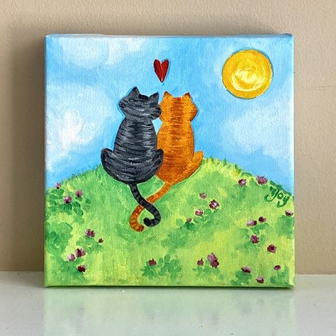 Cat Love Painting, Beginner Cat Painting, Painting Ideas On Canvas For Gift, 2 Cats Painting, Cats In Love Painting, Painting Ideas On Canvas Cat, Cat Couple Painting, Painting Cats Acrylic, Whimsical Painting Ideas