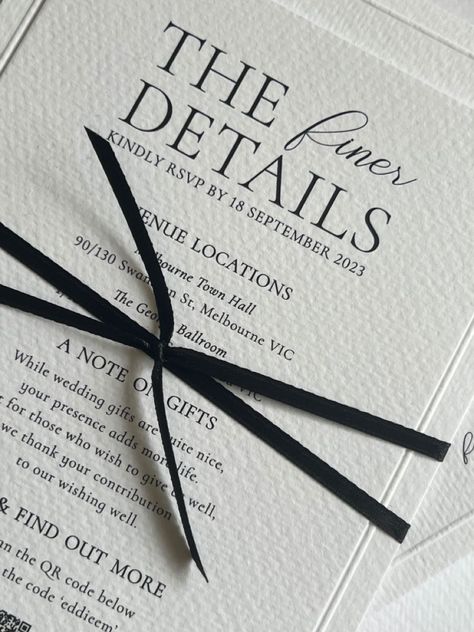 Black and White simple and classic wedding invitations with black ribbon tie Wedding Decorations Elegant Modern, Simple Black And White Wedding Invites, White And Black Invitations, Formal Wedding Invitations Black Tie, Formal Black And White Wedding, Black Ribbon Wedding Invitations, Wedding Invite Black And White, Wedding Invite With Ribbon, Black And White Wedding Stationery