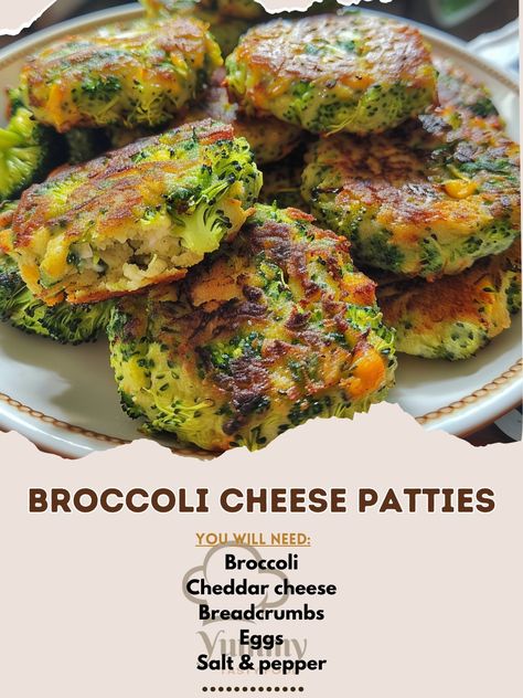 🥦 Transform your greens with our Broccoli Cheese Patties—crispy on the outside, cheesy and delicious inside! 🍽️ Broccoli Cheese Patties 🛒 Ingredients: Broccoli: 2 cups, steamed and chopped Cheddar cheese: 1 cup, shredded Breadcrumbs: 1/2 cup Eggs: 2, beaten Salt & pepper: To taste Garlic powder: 1 tsp 👩‍🍳 Instructions: Mix Ingredients: Combine all ingredients in a bowl. Form Patties: Shape mixture into small patties. Cook: Fry in a pan until golden on each side. 🌟 Enjoy our Broccoli Chees... Broccoli Cheese Patties, Cheese Patties, Health Tricks, Broccoli Cheese, Broccoli Cheddar, Broccoli And Cheese, Vegetable Dishes, Yummy Recipes, Cheddar Cheese