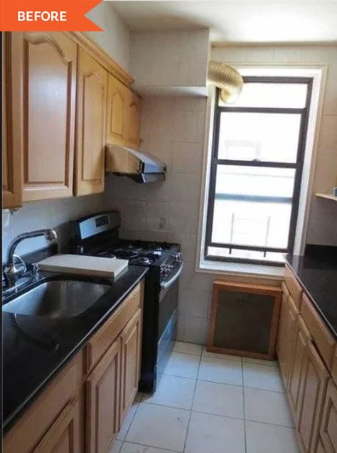 Small Nyc Apartment Kitchen Ideas, Galley Kitchen With Sliding Glass Door, Small Galley Kitchen Paint Ideas, Galley Kitchen Transformation, Apartment Galley Kitchen Remodel, Galley Kitchen With Door At End, Closed Galley Kitchen, Small Condo Galley Kitchen Remodel, Small Kitchen With Window Ideas