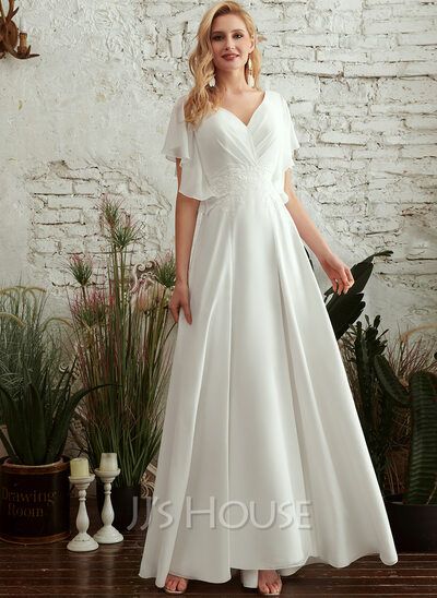 [£105.00] A-Line V-neck Floor-Length Wedding Dress With Lace Split Front Wedding Dresses Floor Length, Ankle Length Wedding Dress, Floor Length Lace Dress, Split Wedding Dress, Chiffon Wedding Dresses, Front Split Dress, Wedding Dress Necklace, Wedding Dress Silhouette, Macy Dresses