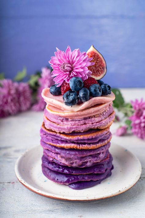 French Brunch, Paleo Pancake Recipe, Paleo Pancake, Purple Desserts, Resin Idea, Food References, Paleo Pancakes, Purple Food, Drink Photography