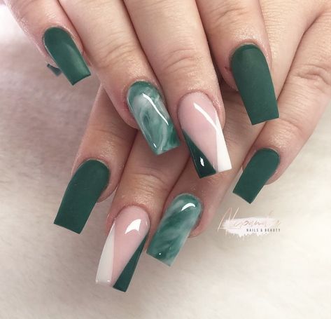 Dark Green And White Nails Designs, Sage Green Nails Glitter, Mat Black Nails, Marble Acrylic Nails, White Coffin Nails, Mauve Nails, Green Acrylic Nails, Dark Green Nails, Sassy Nails