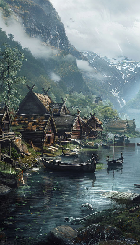 Viking Village Setting mountainside cottages longboats Norway Fantasy Art, Fantasy Viking Landscape, Viking Concept Art Environment, Fantasy Viking Village Concept Art, Medieval Coastal Village, Viking Landscape Art, Small Village Concept Art, Fantasy Sea Side Village, Viking Village Art