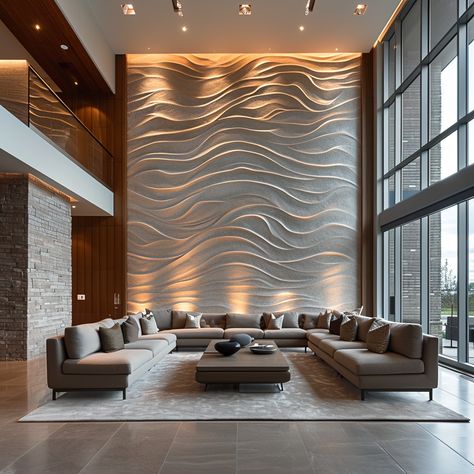 Pop Wall Panelling Design, High Ceiling Feature Wall, Wall Design Modern Living Room, Modern Sofa Back Wall Design Living Rooms, Long Wall Ideas, Interior Wall Design Living Room, Living Room Wall Designs Modern, Triangle Wall Design, Textured Walls Living Room